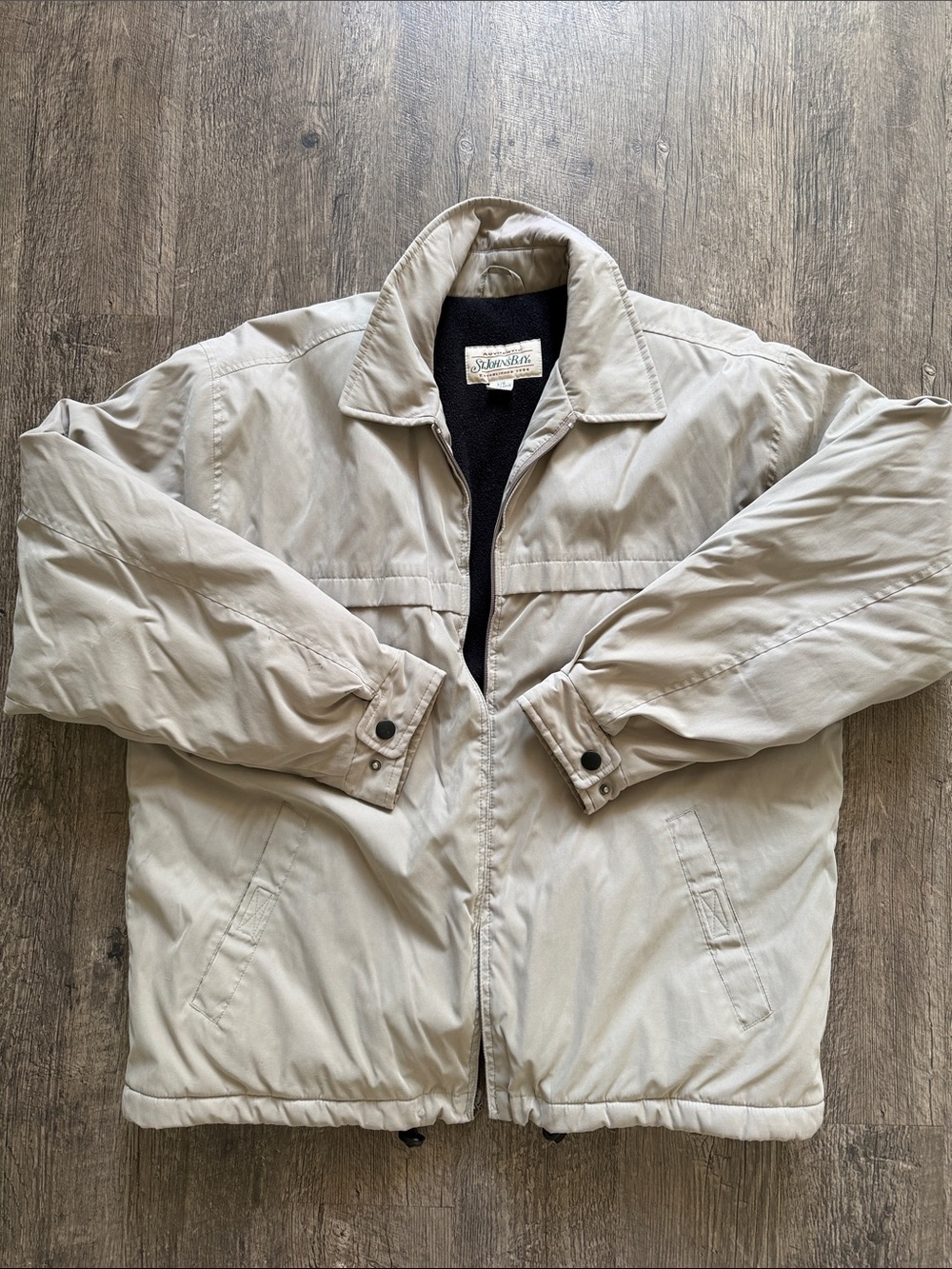 St Johns Bay Mens Jacket L BEIGE Zip Up Collared Long Sleeve Polyester